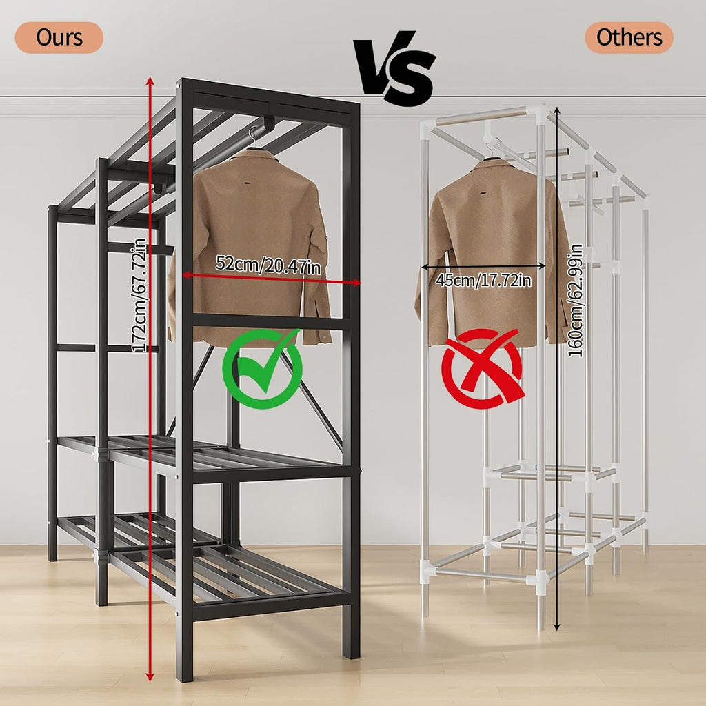 Heavy Duty Portable Closet Wardrobe, Garment Rack with Cover & Hanging Rods, Freestanding Wardrobe with Magnetic Door, Metal Closet Rack for Hanging Clothes (Door Design C, 70.9''/180cm)
