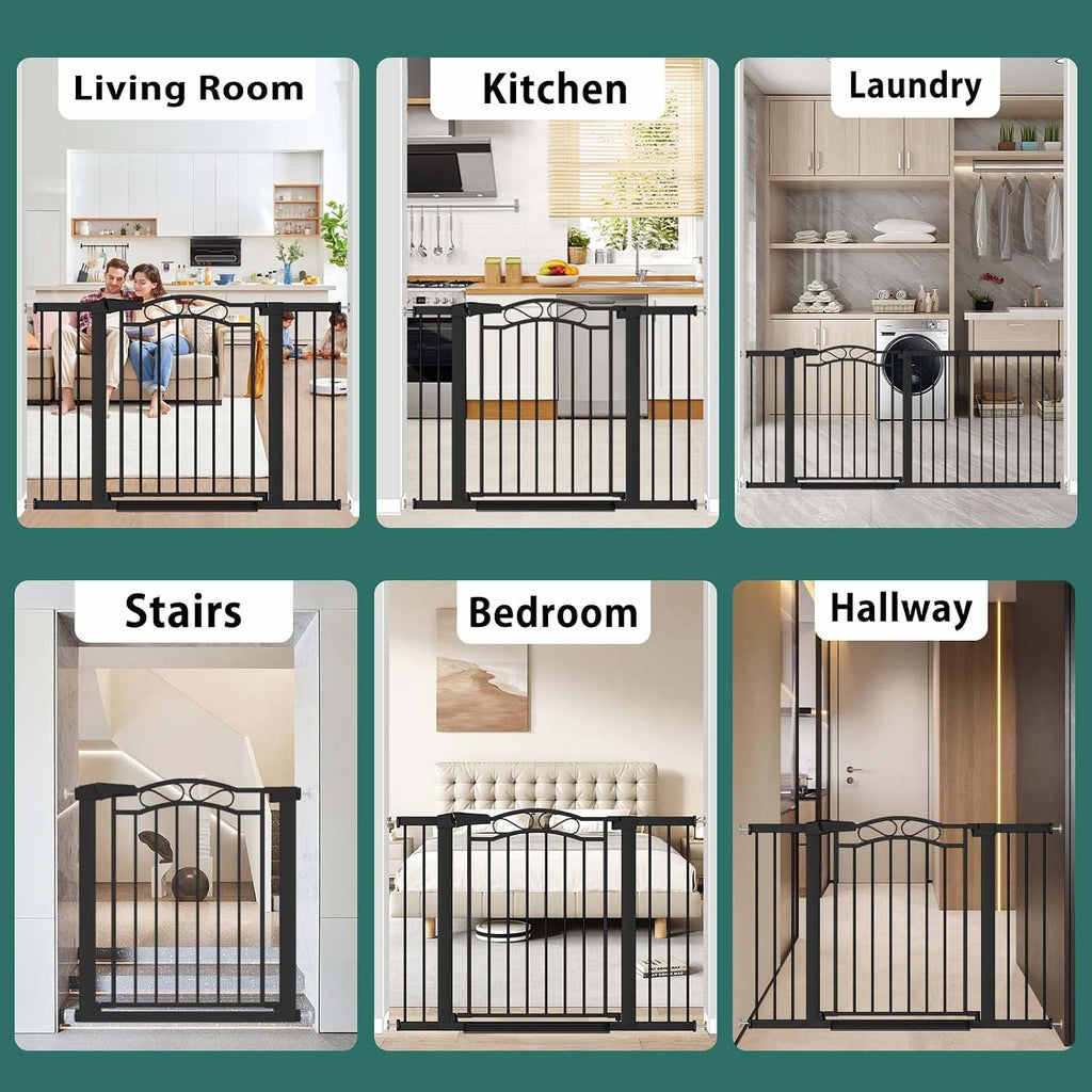Fairy Baby 65.4'-68.1' Extra Wide Baby Gate with Door, 66 67 68 Inches Walk THR Baby Gates for Stairs Pressure Mounted no Drill, Indoor Tension Metal Child Pet Dog Safety Gate for Kids, Black