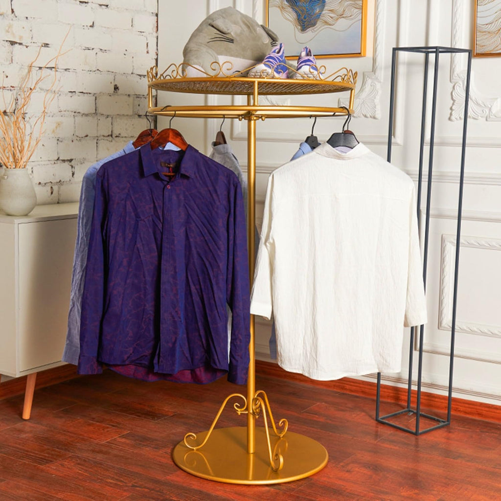 Round Clothing Rack, 360° Rotation Garment Rack for Hanging Clothes, 2-Tier Clothes Rack Dress Up Rack, Metal Clothes Display Racks Retail Clothing Rack, Gold