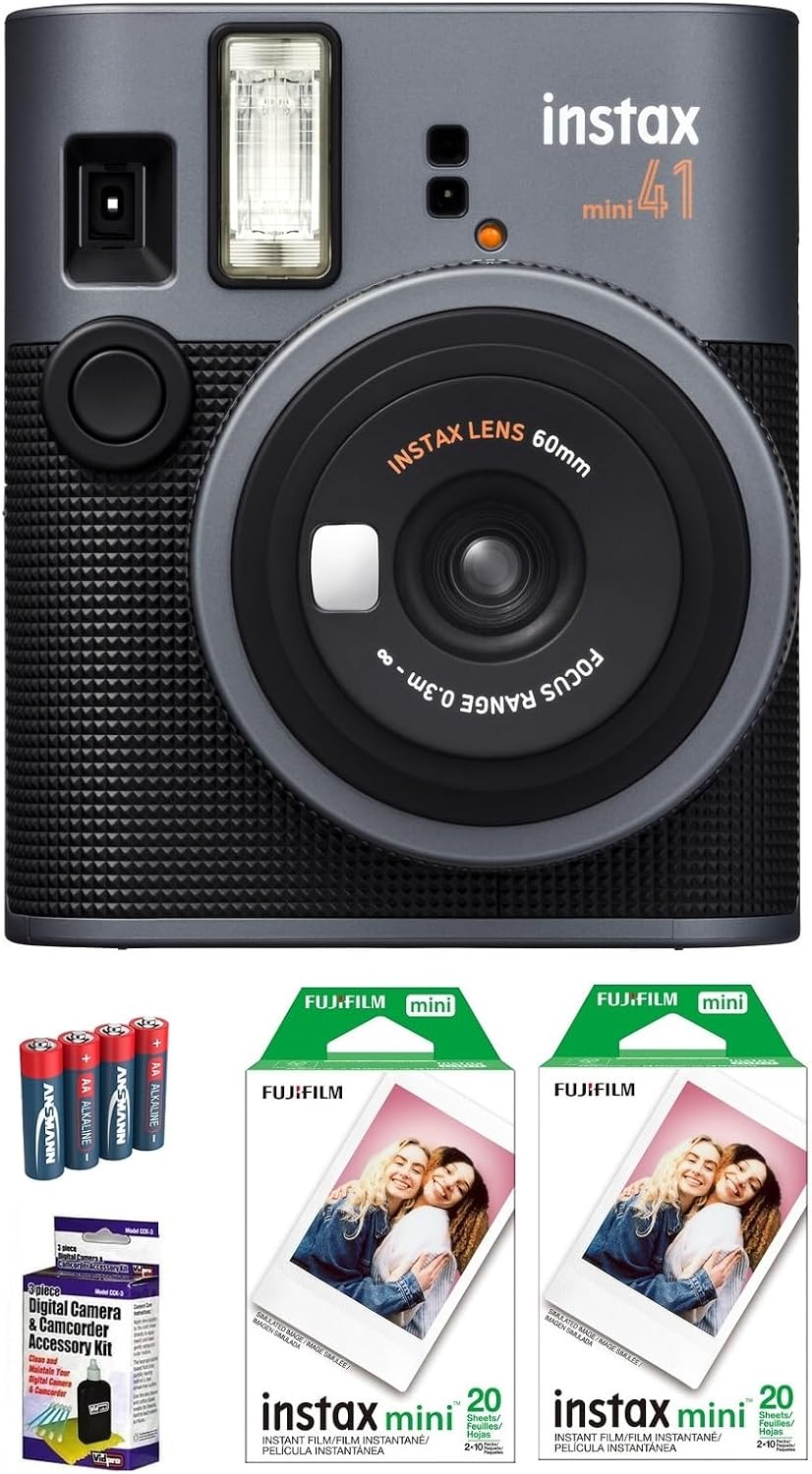 FUJIFILM INSTAX MINI 41 Instant Film Camera Bundle, Includes: Mini Color Film (40 Exposures), AA Batteries (4-Pack) and Cleaning Kit