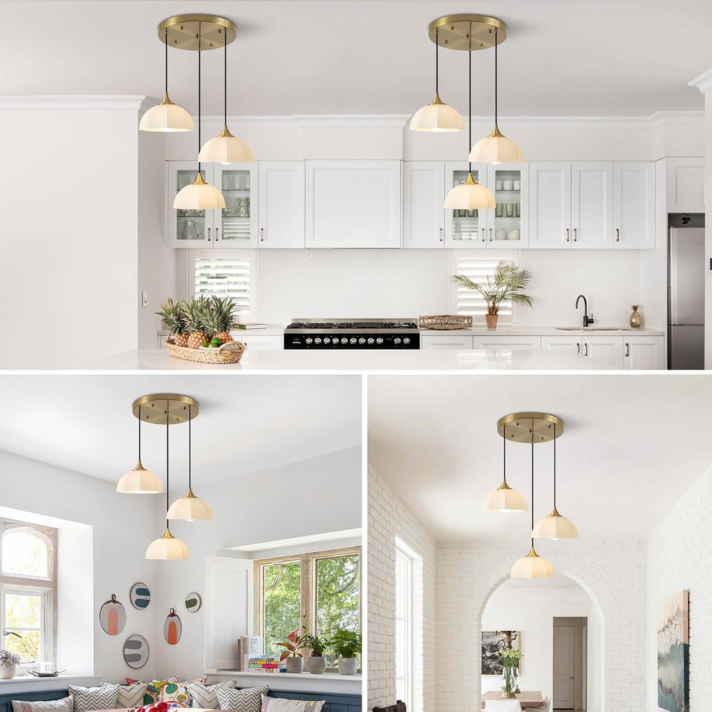 3 Lihgt Minimalist Style Ceiling Hanging Lamp 7.8' White Dome Glass Lampshade Brass Finish Ceiling Light Nordic Retro Pendant Light for Kitchen Island Bedroom Bedside