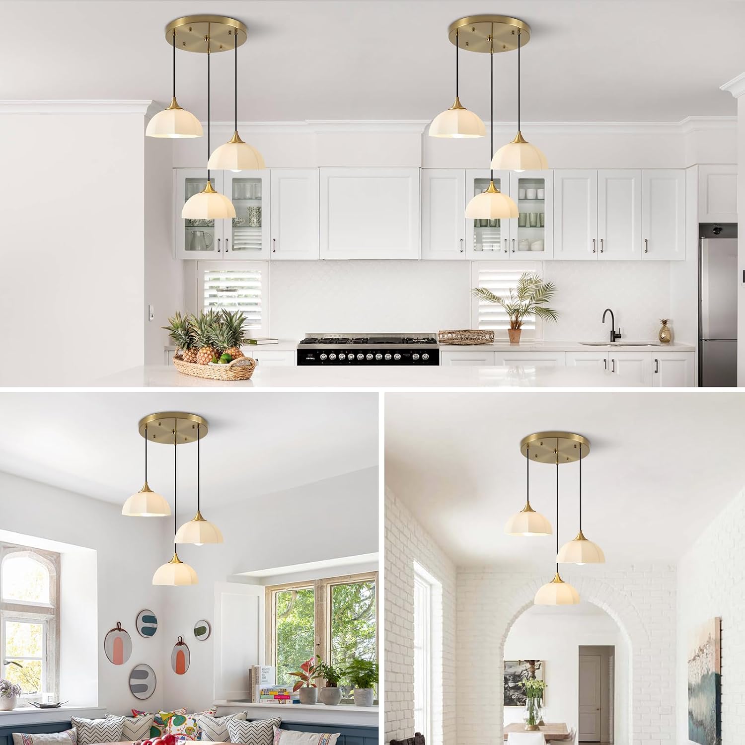 3 Lihgt Minimalist Style Ceiling Hanging Lamp 7.8' White Dome Glass Lampshade Brass Finish Ceiling Light Nordic Retro Pendant Light for Kitchen Island Bedroom Bedside