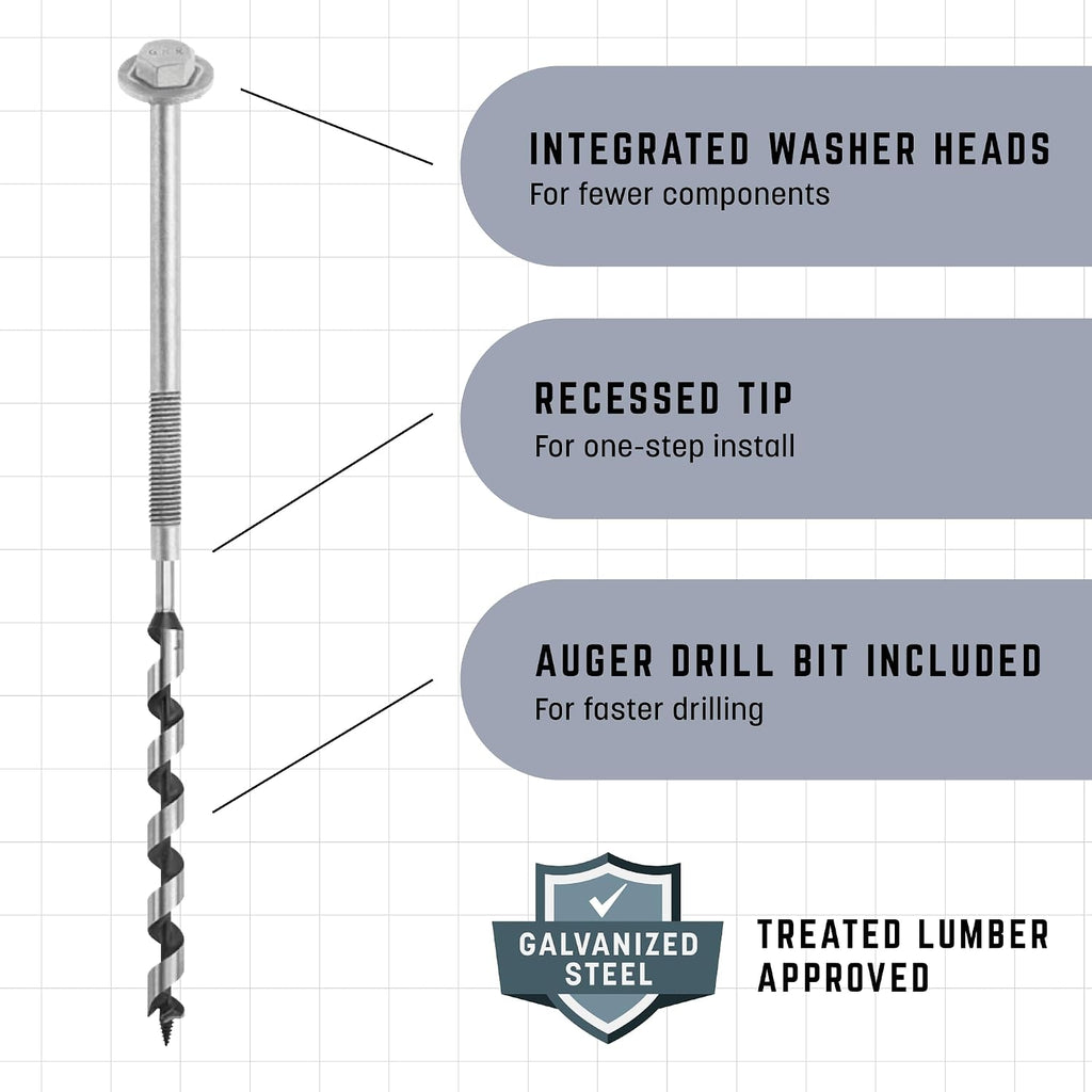 GRK Fasteners AugerBolt™ Through Bolt Fastening System, Galvanized Heavy-Duty Carriage Bolts, Rust & Corrosion Resistance for Post-to-Beam Connections, 24 Bolts with Drill Bit, Hex Nuts, & Washers