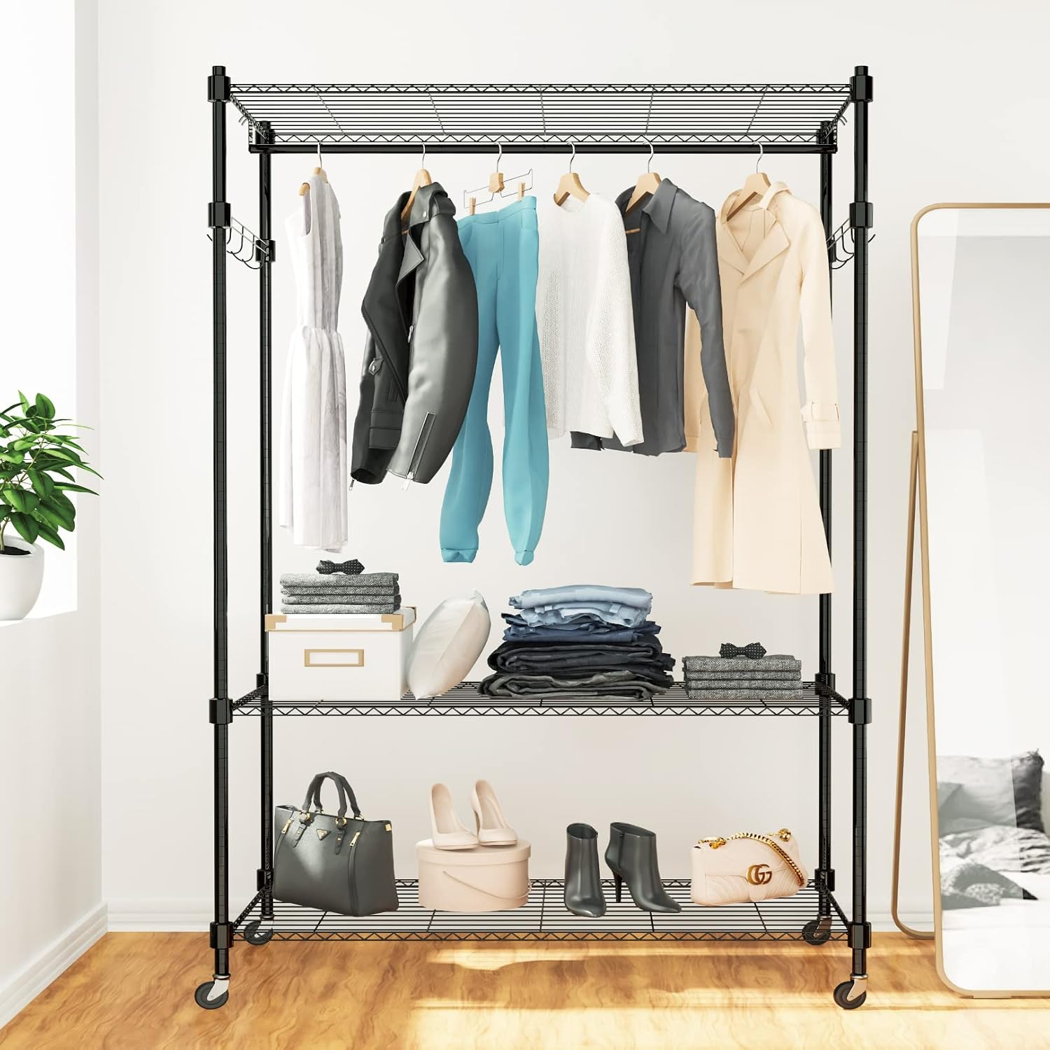 Himimi 3 Tier Heavy Duty Garment Rack with Wheels, Adjustable Wire Shelving Clothes Rack with Hanging Rod, 4 Side Hooks - Freestanding Metal Wardrobe Storage Rack, Grey