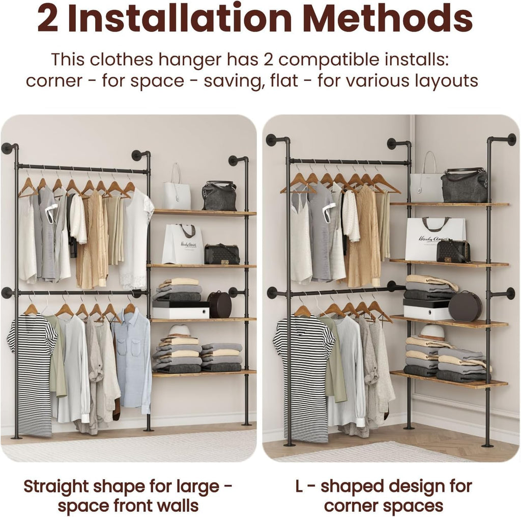 Industrial Pipe Clothing Rack Wall Mounted Heavy Duty, Space Saving Garment Hanger System for Wardrobe/Walk-in Closet,Black