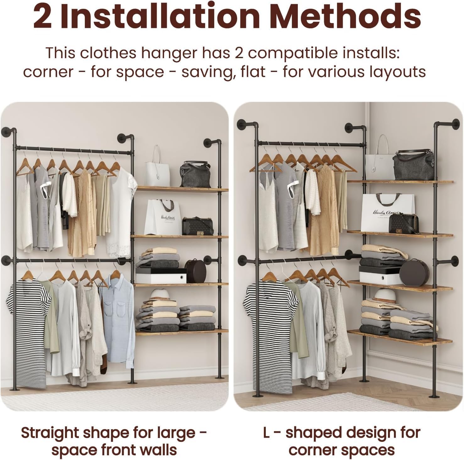Industrial Pipe Clothing Rack Wall Mounted Heavy Duty, Space Saving Garment Hanger System for Wardrobe/Walk-in Closet,Black