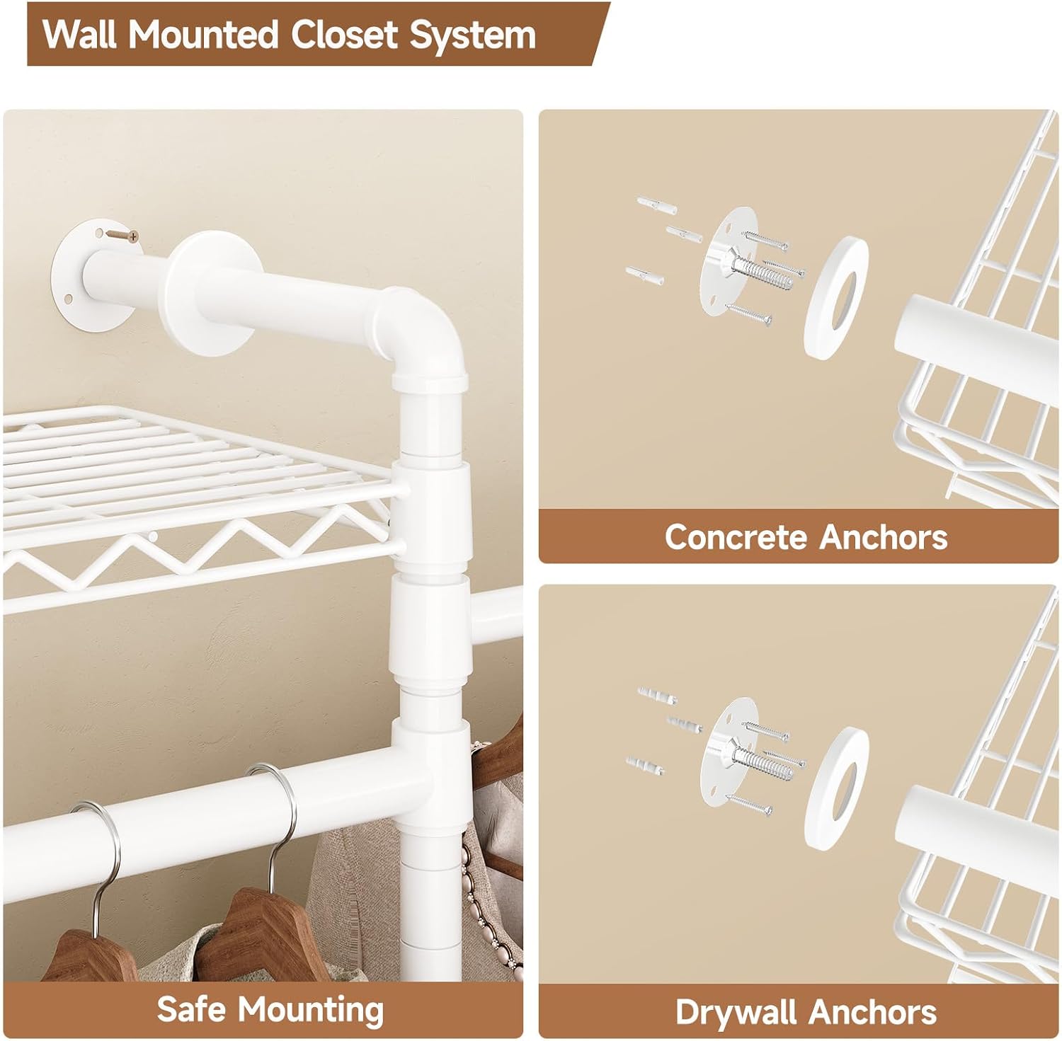 ComfyCorner Wall Mounted Garment Rack, Industrial Pipe Metal Clothing Rack with 6 Hanging Rods (4 Expandable) & 8 Shelves, Closet Organizers and Storage System for Bedroom, Walk in Closet