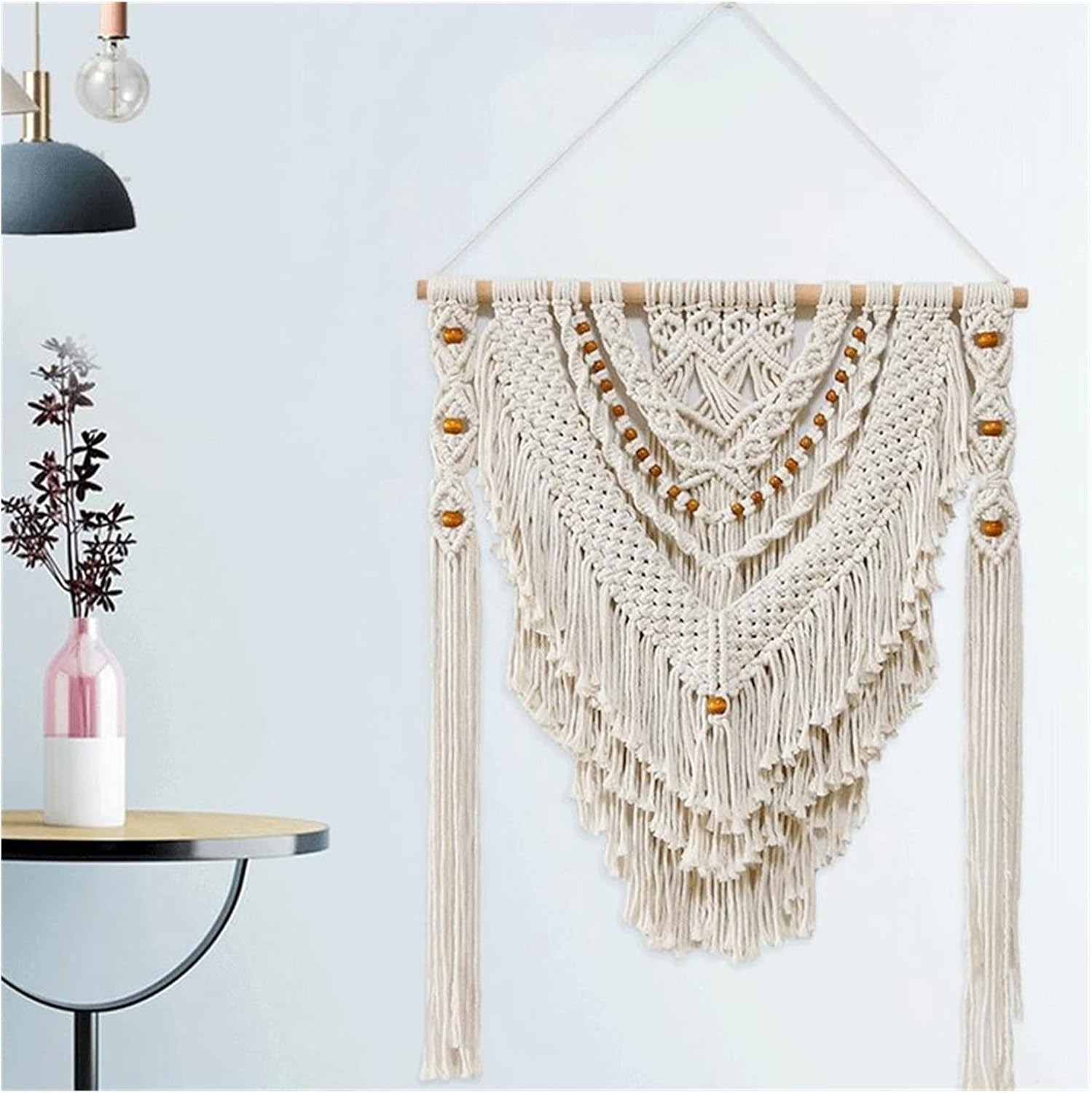 Tapestry Macrame Wall Hanging Tapestry Bohemian Geometric Bedside Porch Home Wall Decor Tassel Handmade Tapestry (Beige)