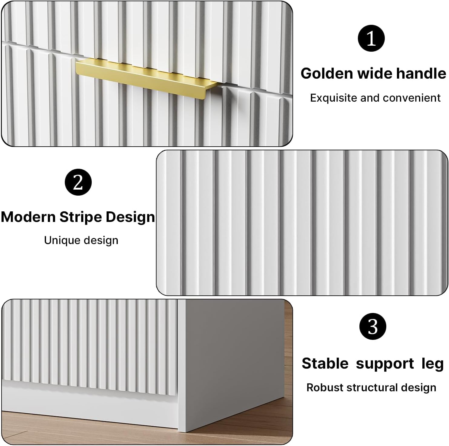 MAISONARIA Fluted Nightstands Set of 2 with 2 Drawers, 19.6' Modern Storage Bedside Table with Golden Metal Handles, Wooden End Table for Bedroom, White