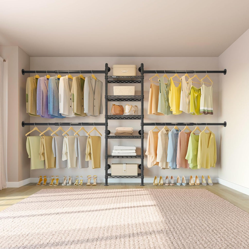 Timate S3X Medium Expandable Wall Mounted Clothes Rack with 6 Adjustable Shelves & 4 Expandable Hanger Rods, Heavy Duty Industrial Pipe Clothing Rack for Hanging Clothes, Fits Spaces 5'3'- 8', Black