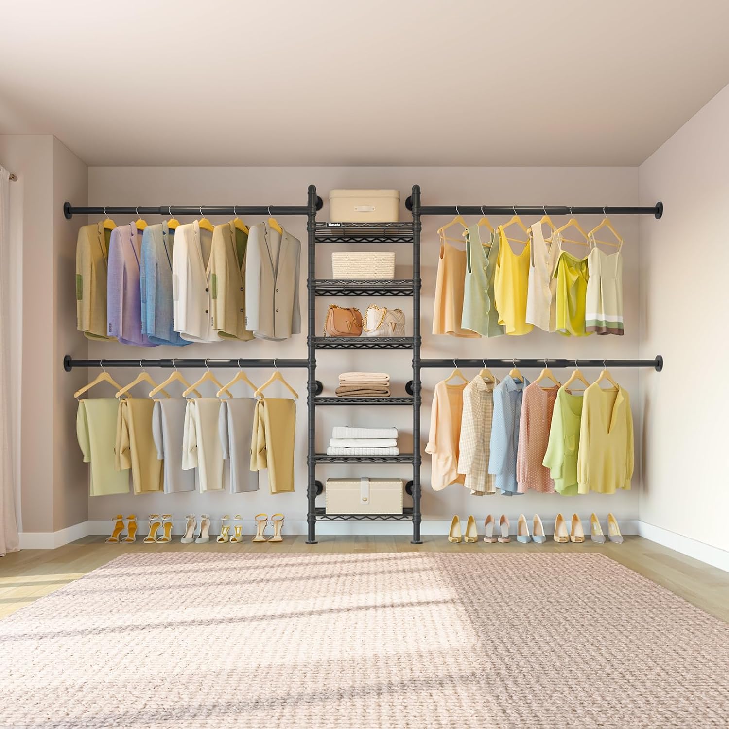 Timate S3X Medium Expandable Wall Mounted Clothes Rack with 6 Adjustable Shelves & 4 Expandable Hanger Rods, Heavy Duty Industrial Pipe Clothing Rack for Hanging Clothes, Fits Spaces 5'3'- 8', Black