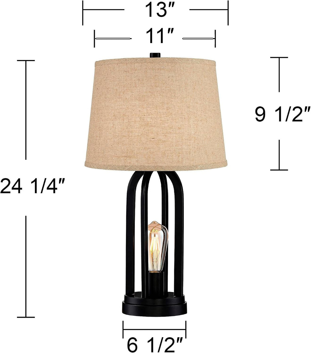 360 Lighting Marcel Industrial Modern Table Lamps 24.25' High Set of 2 with USB Charging Port and Nightlight LED Black Metal Burlap Linen Shade for Living Room Desk Bedroom House Bedside