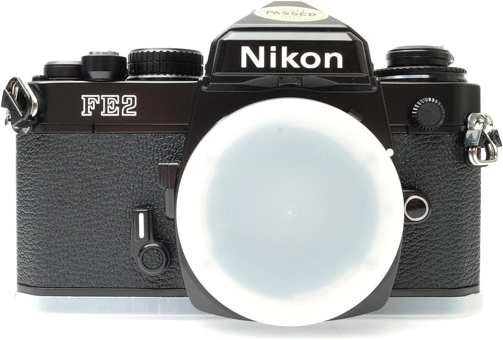 Nikon FE2 film SLR camera with black body; no lens