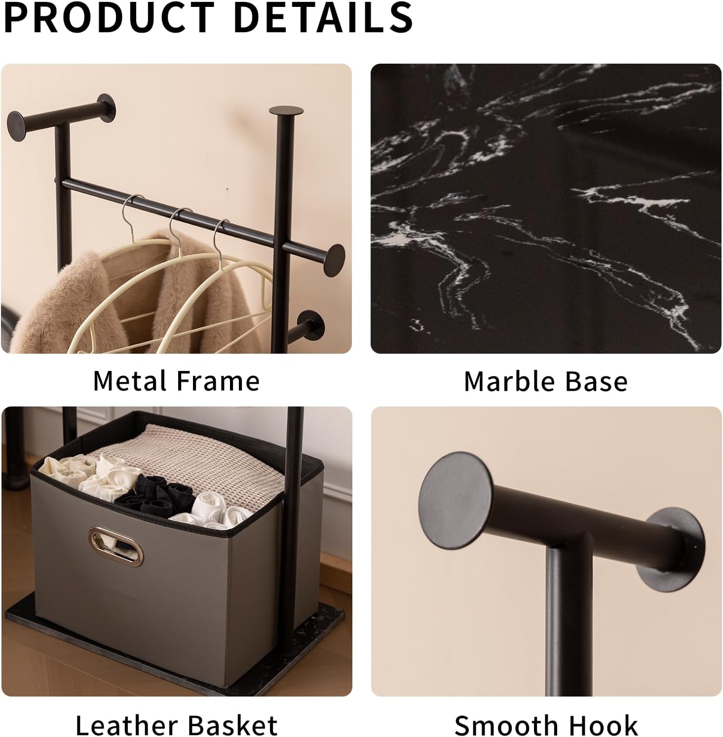 JIAYUEJU Heavy Duty Clothes Rack with Basket & Marble Base, Clothing Rack for Hanging Clothes, Coat Rack Freestanding for Entryway Bedroom Living Room Hotel 13.39' D x 19.69' W x 68.9' H (Black)