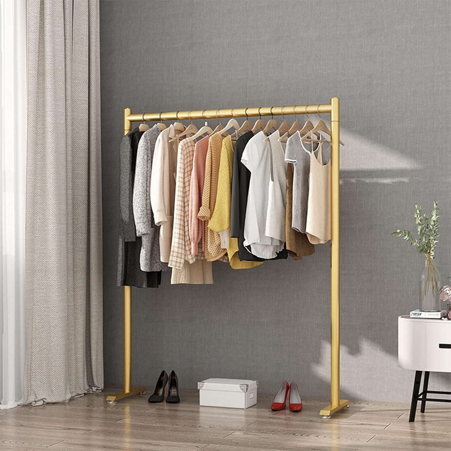 Generic Shoe Bench Coat Stand Rack Hanger Clothing Rack Metal Heavy Duty Garment Rail Standing Garment Rack For Hanging Clothes Retail Display Rack Hanging Clothes Rail For Entryway And Be, Gold