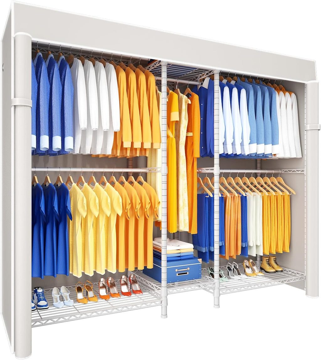 Ulif E12C Pro Heavy Duty Closet Organizer System，Freestanding Clothing Racks for Hanging Clothes，Adjustable Garment Rack 71'W x 16'D x 76.5'H Hold 960lbs，White Clothing Rack with White Dustproof Cover