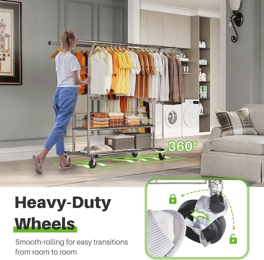 HOKEEPER Clothing Rack Heavy Duty Clothes Rack for Hanging Clothes Adjustable Clothes Rack with Metal Basket, Commercial Double Rod Garment Rack with Wheels for Bed Room Living Room Laundry
