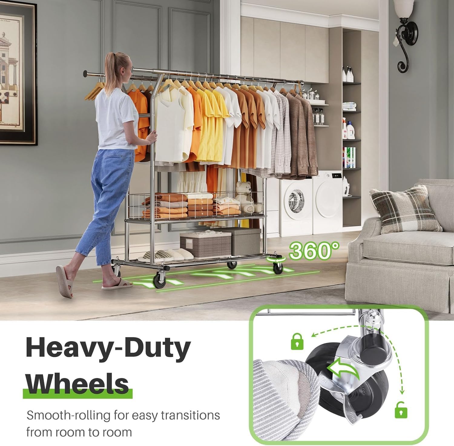 HOKEEPER Clothing Rack Heavy Duty Clothes Rack for Hanging Clothes Adjustable Clothes Rack with Metal Basket, Commercial Double Rod Garment Rack with Wheels for Bed Room Living Room Laundry