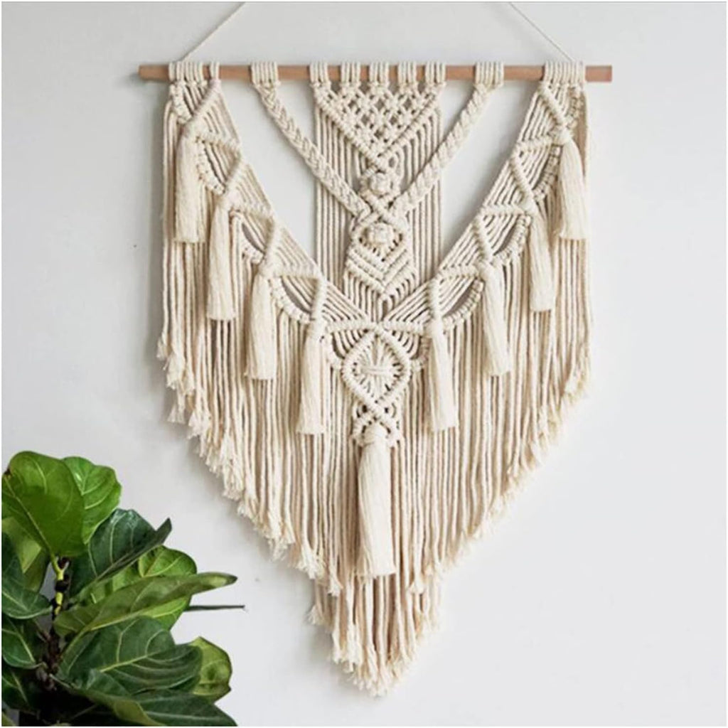 Tapestry Macrame Wall Hanging Tapestry Handmade Cotton Bohemian Hand-Woven Tapestry Home Bedroom Decoration (Beige 55x70cm)