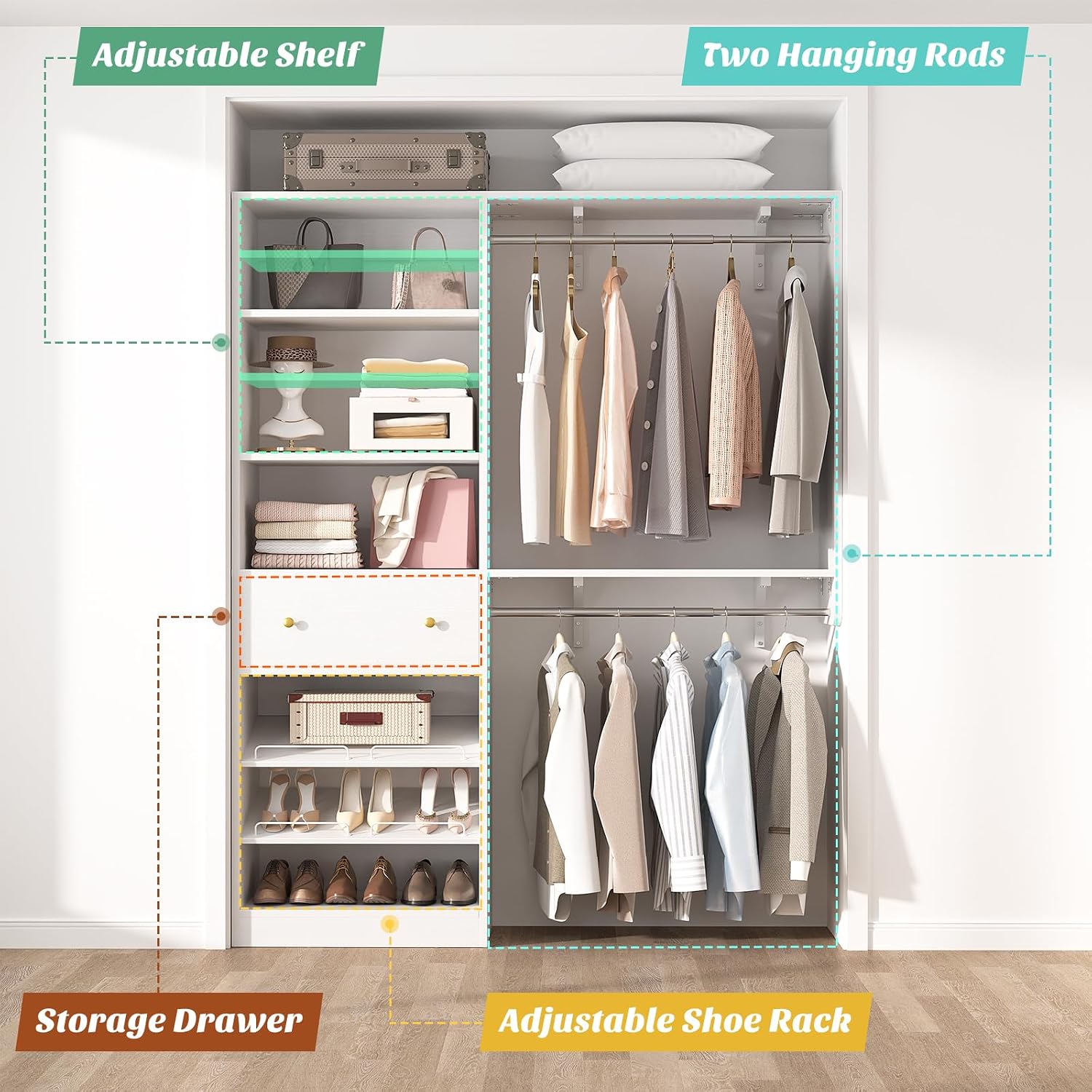 Closet System with Drawer - Reversible 5FT Wood Closet Organizer System with 2 Hanging Rods and Adjustable Shelf, Walk In Closet Organizers with Shoe Rack, Built-In Garment Rack Clothes Rack, White
