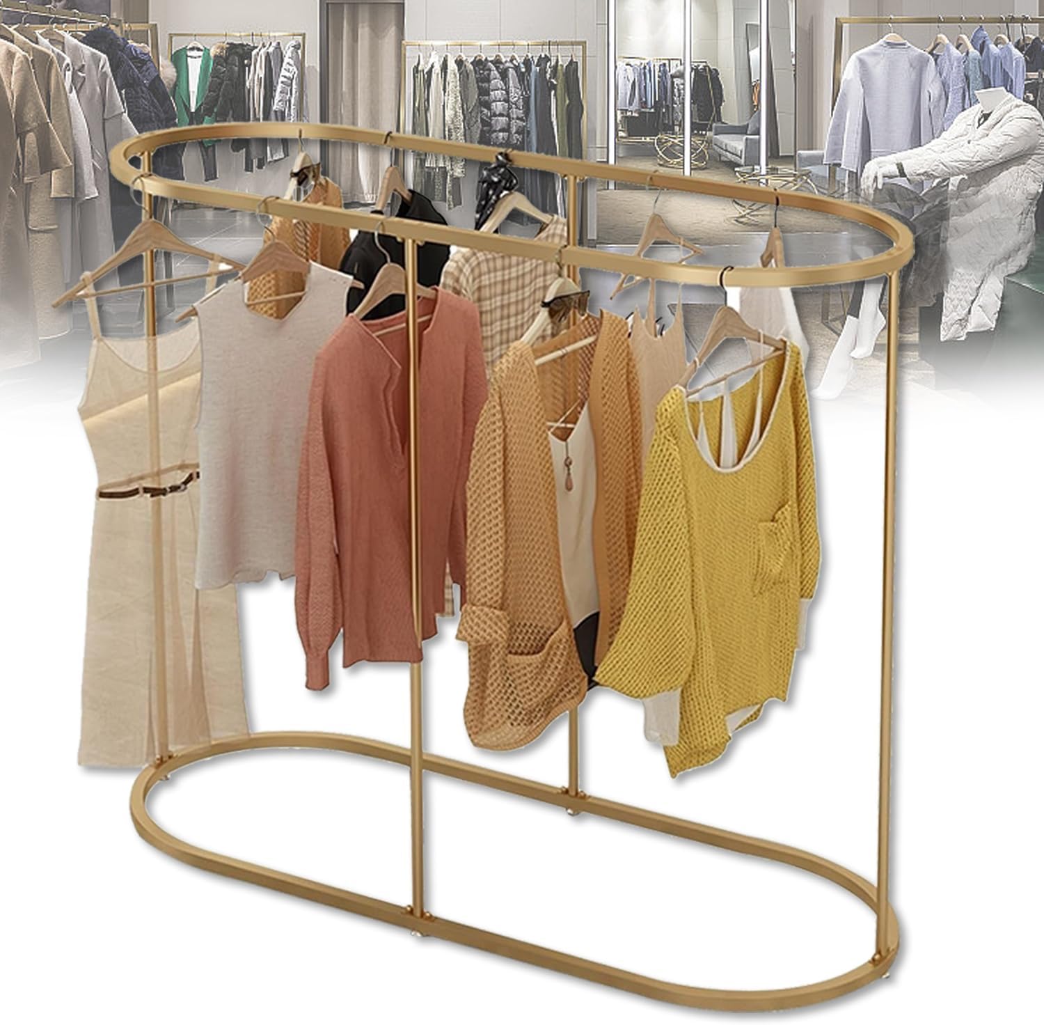 Floor Standing Clothes Hanging Rack, Commercial Round Clothes Rack, Freestanding Hanger Organizer, lothes Boutique Display Racks Display Racks for Hanging Clothes,Gold