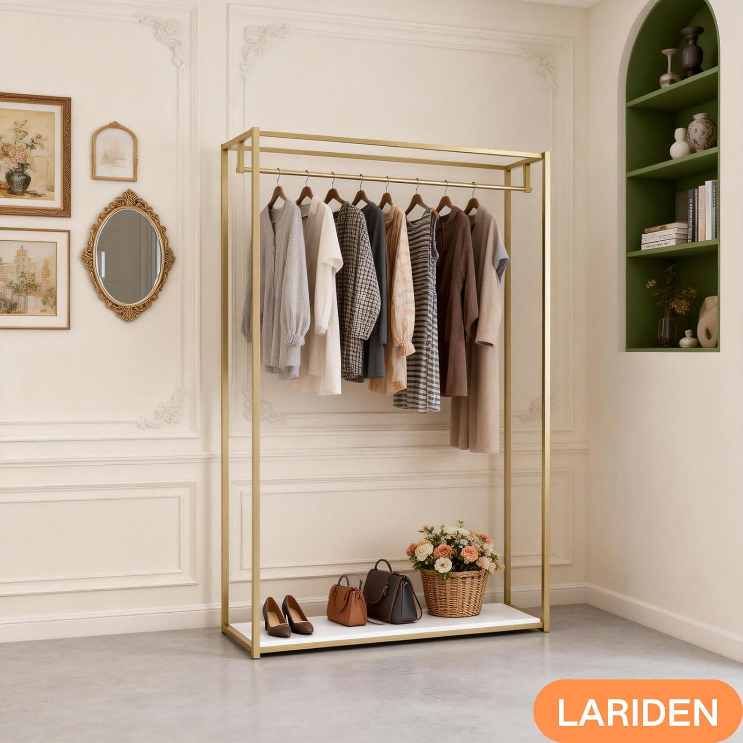 Heavy Duty Gold Clothing Rack with Shelves for Hanging Clothing Wedding Dress Retail Studio Display Stand Metal Freestanding Garment Rack for Shoes, Bags, Retail Studio, Wedding Dress 47.2x15.8x66.9in