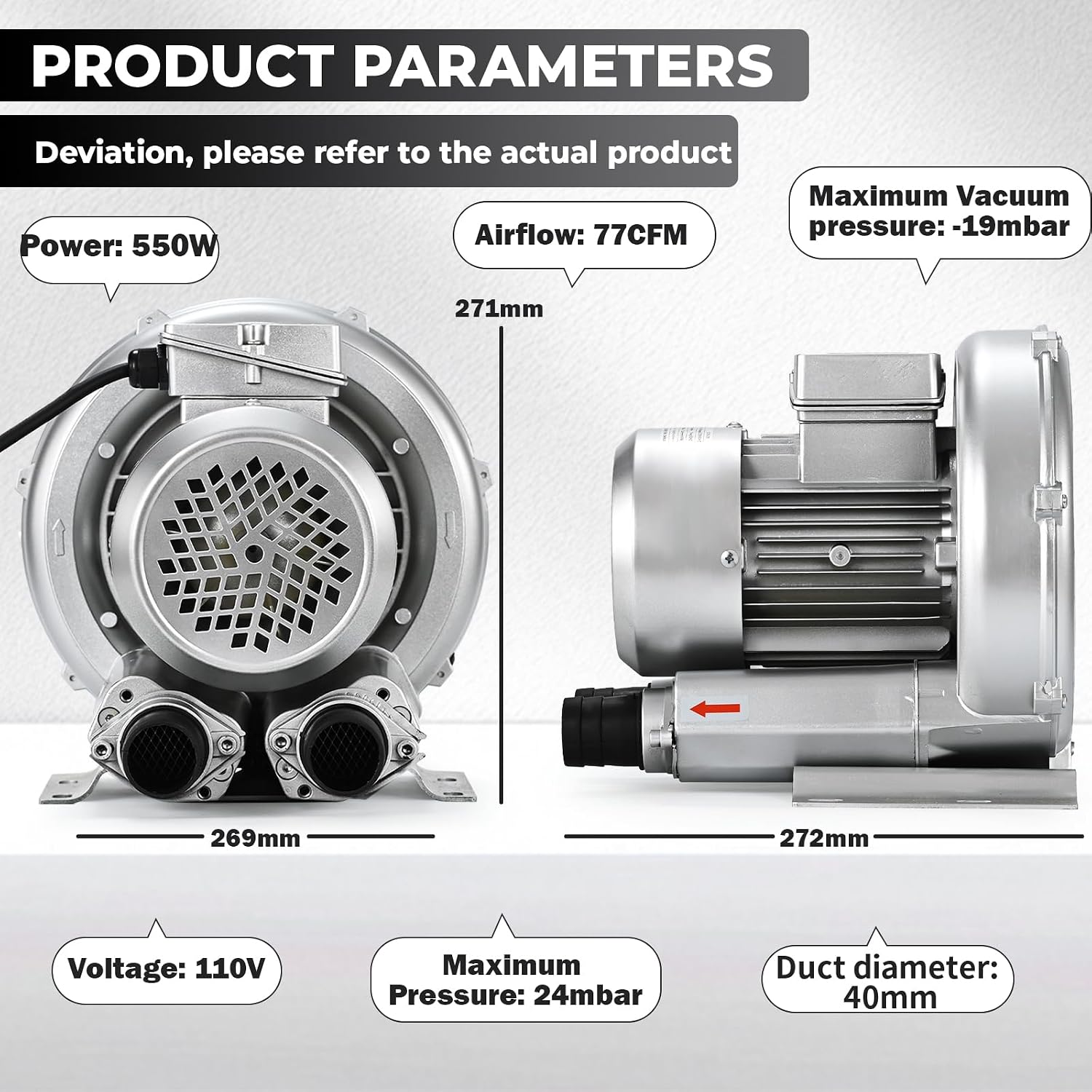 3/4HP Regenerative Blower, 77CFM 110V 60Hz Single Phase, High-Pressure Vortex Ring Blower, Industrial Vacuum Pump for Air Blowing Or Suction for Sewage Aeration Aquarium Fish Pond (0.74HP/550W)