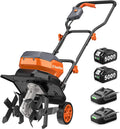 12 Inch Electric Tiller Cultivator, 40V Cordless Tiller for Gardening with 2 * 5.0 Ah Batteries, 8 Inch Depth Rototillers Battery Powered with Adjustable Wheels for Lawn Yard Weeding Soil Cultivation