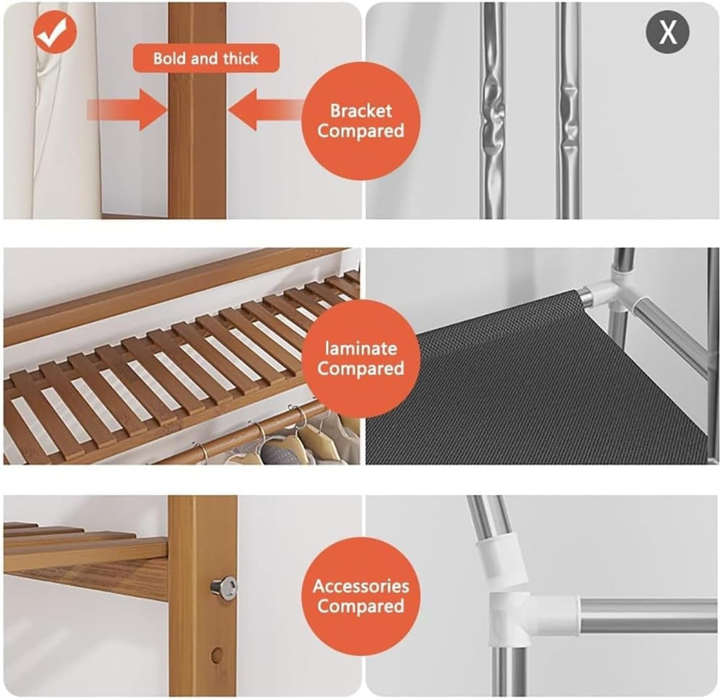 Bamboo Clothes Rack - Freestanding Garment Rack with Shelves and Shoe Storage, Clothing Rack for Hanging Clothes, Hats,for Bedroom, Closet, Office, or Dorm Organization(A,110CM)