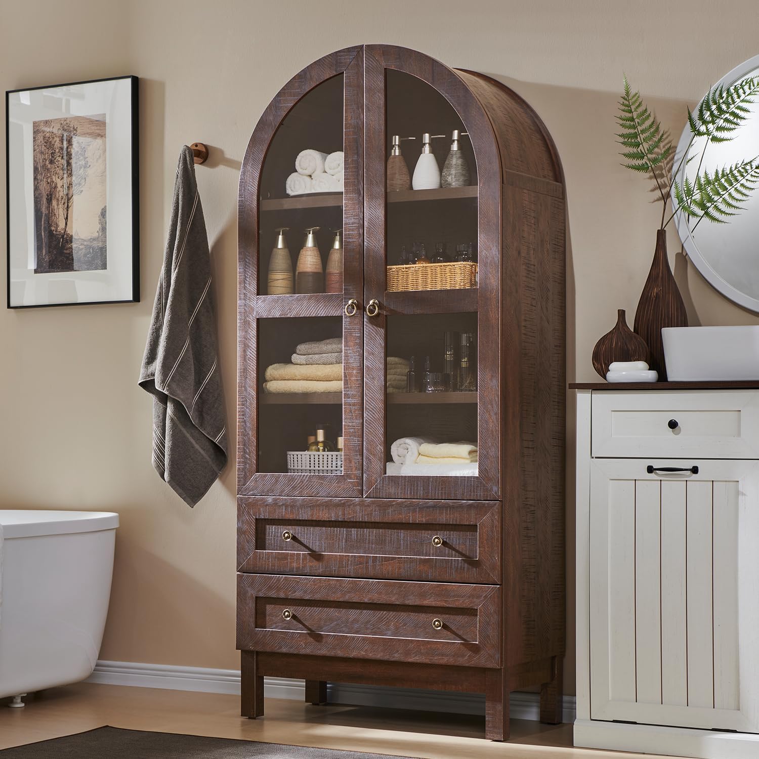 71' Tall Arched Bathroom Storage Cabinet, 4-Tier cabinet w/2 Large Drawers &Adjustable Shelves, Wooden bathroom Floor cabinets w/Glass Doors, Modern Farmhouse Versatile Cabinets for bathroom, Brown