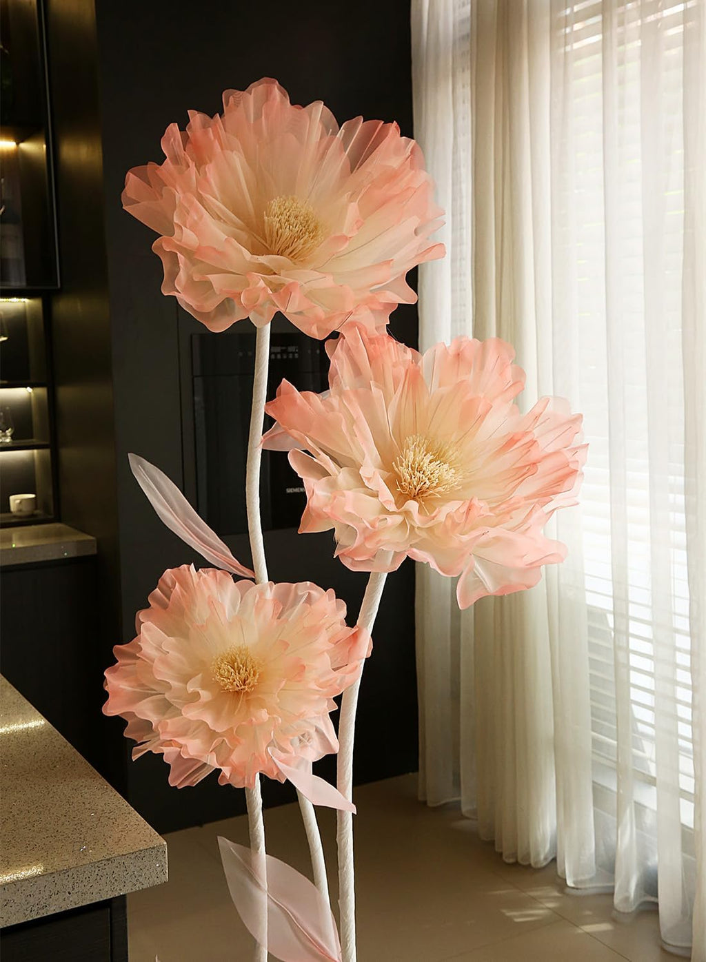Giant Artificial Organza Flower On Base – Large Pink Faux Flower with Standing Stems and Base for Wedding, Valentine's Day, Party, Shop Window Display, Outdoor Yard Event Backdrop Decor