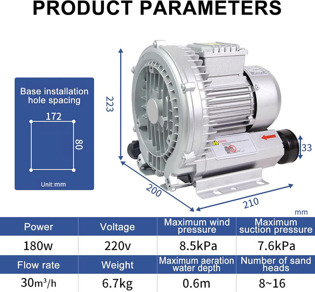 Regenerative Blower, 220V/380V Single/Three Phase Vortex Ring Blower High-Pressure Vortex Blower, Side Channel Blower, Ring Vortex Blower for Sewage Aera,Industrial Vacuum Pump(180W/220V)
