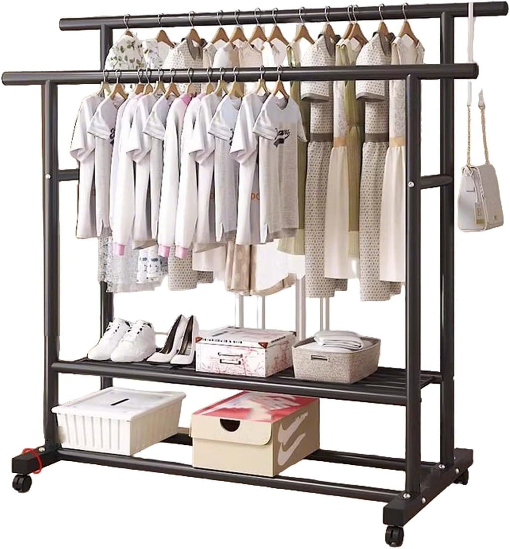 Heavy-Duty Metal Clothes Rack, Rolling Garment Rack with Sturdy Wheels & Shelves, Freestanding Double Rod Clothing Rack for Hanging, Portable Industrial Wardrobe Organizer