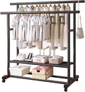 Heavy-Duty Metal Clothes Rack, Rolling Garment Rack with Sturdy Wheels & Shelves, Freestanding Double Rod Clothing Rack for Hanging, Portable Industrial Wardrobe Organizer
