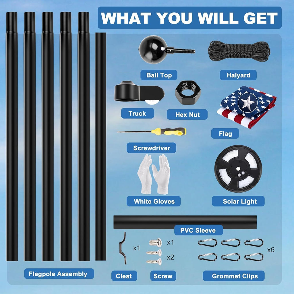 12 Gauge Extra Thick 20FT Black Flag Pole Kit with Solar Light in Ground | 12 Gauge Extra Thick Aluminum Flagpole with 3x5 TearProof Embroidered American Flag and 126 LED Light