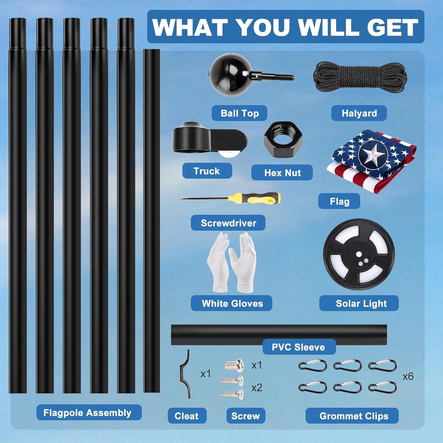12 Gauge Extra Thick 20FT Black Flag Pole Kit with Solar Light in Ground | 12 Gauge Extra Thick Aluminum Flagpole with 3x5 TearProof Embroidered American Flag and 126 LED Light