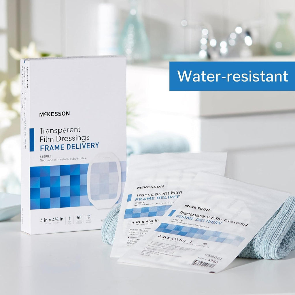McKesson Transparent Film Dressing, Sterile, Frame Delivery, 4 in x 4 3/4 in, 50 Count, 4 Packs, 200 Total