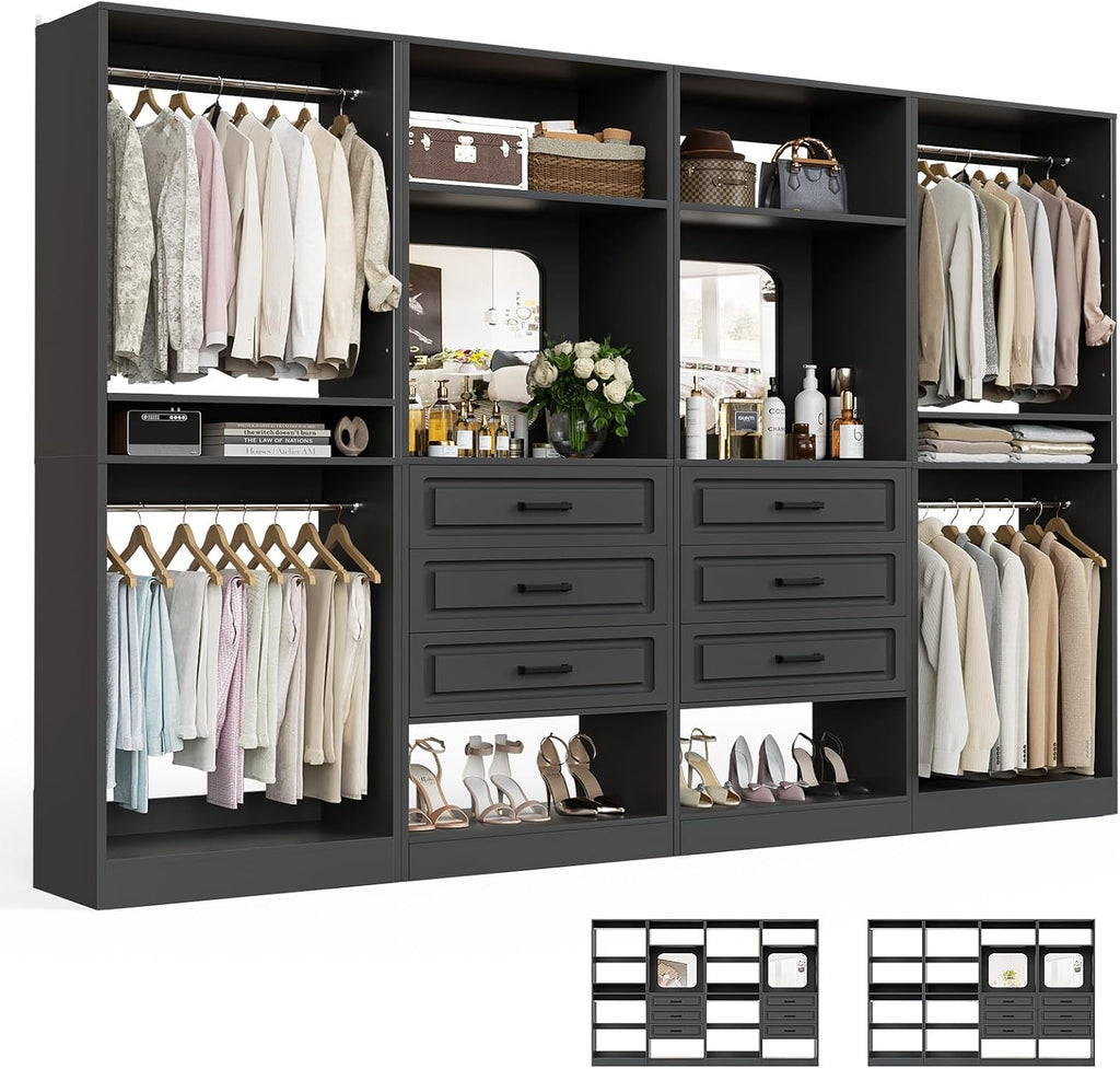 Unikito Closet System with Drawers, 100' Wood Closet Organizer with Hanging Rods and Mirror, Large Walk in Wardrobe Garment Rack with Adjustable Shelves, Sturdy Freestanding Closet Tower, Black
