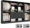 Unikito Closet System with Drawers, 100' Wood Closet Organizer with Hanging Rods and Mirror, Large Walk in Wardrobe Garment Rack with Adjustable Shelves, Sturdy Freestanding Closet Tower, Black