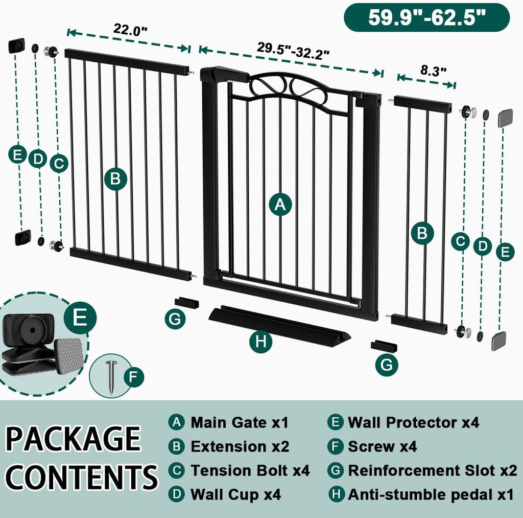 Fairy Baby 59.9'-62.5' Extra Wide Baby Gate with Door, 60 61 62 Inches Walk THR Baby Gates for Stairs Pressure Mounted no Drill, Indoor Tension Metal Child Pet Dog Safety Gate for Kids, Black