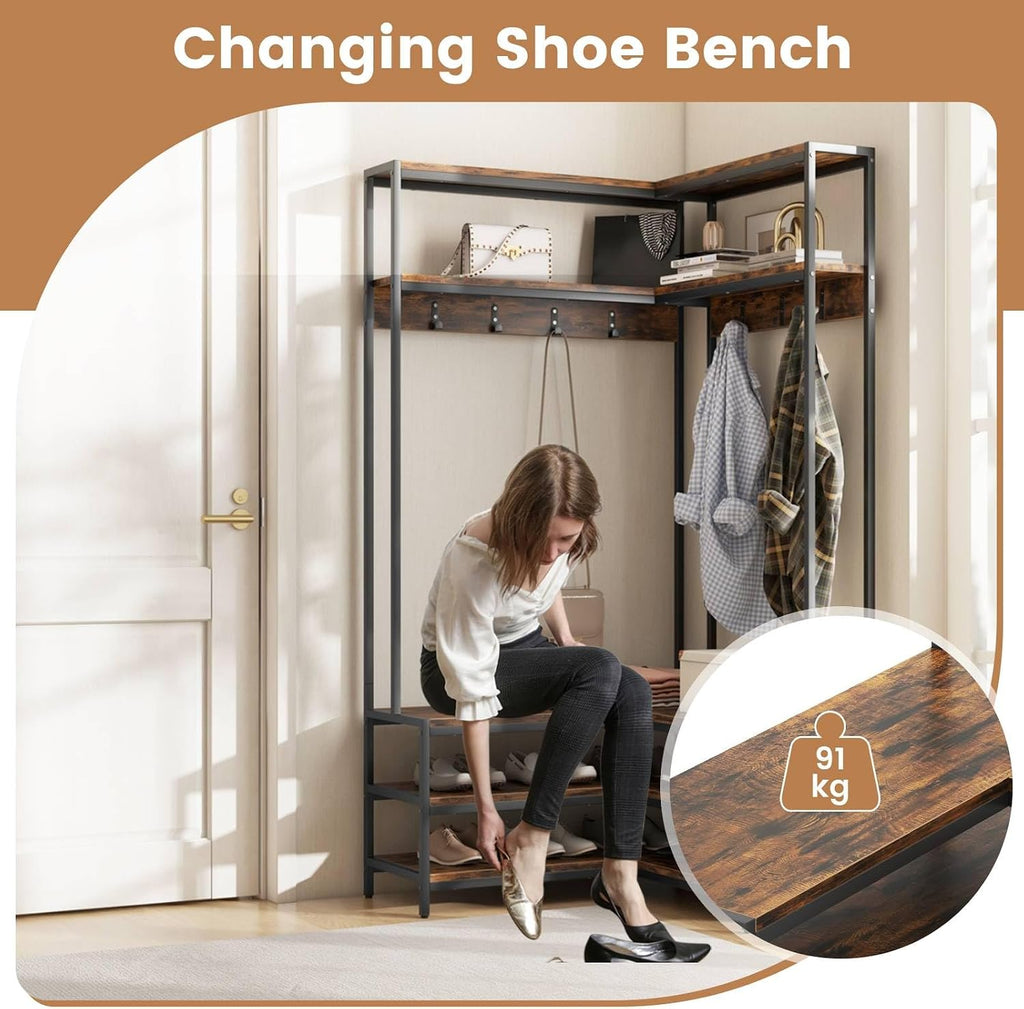 Multigot L-shaped Clothes Rack, Freestanding Corner Garment Rack Hall Tree with Shoe Storage Bench, Shelves and 7 Hooks, Metal Frame Coat Rack Stand Closet Storage Organizer (Rustic Brown+Black)