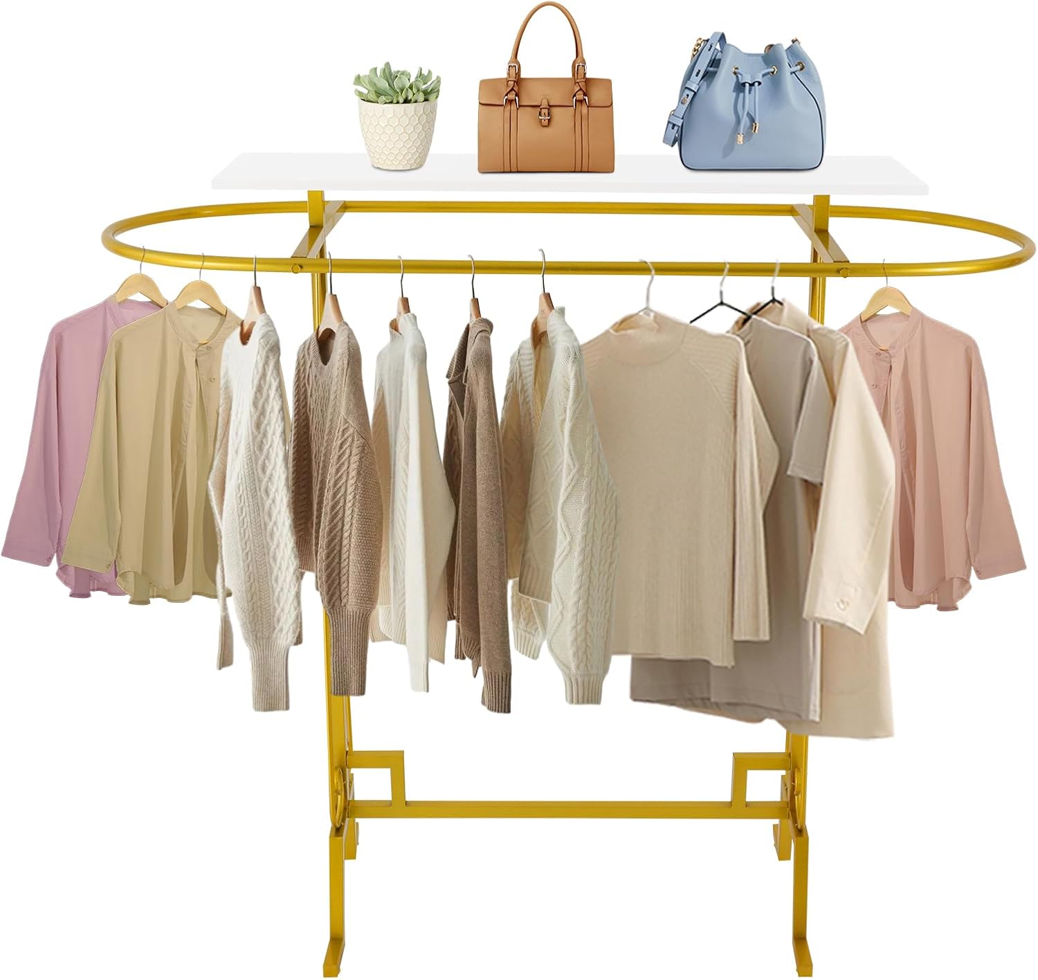 Gold Modern Clothing Display Stand Heavy Duty Commercial Clothes Hanging Rack, 110 lbs Freestanding Garment Rack with Shelf for Store, Boutique, Home