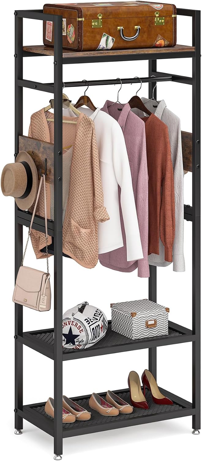TRIBEHOME Small Clothes Rack, Freestanding Garment Rack with Shelf and Hanging Rod, Heavy Duty Coat Rack Hall Tree for Living Room, Bedroom, Hallway