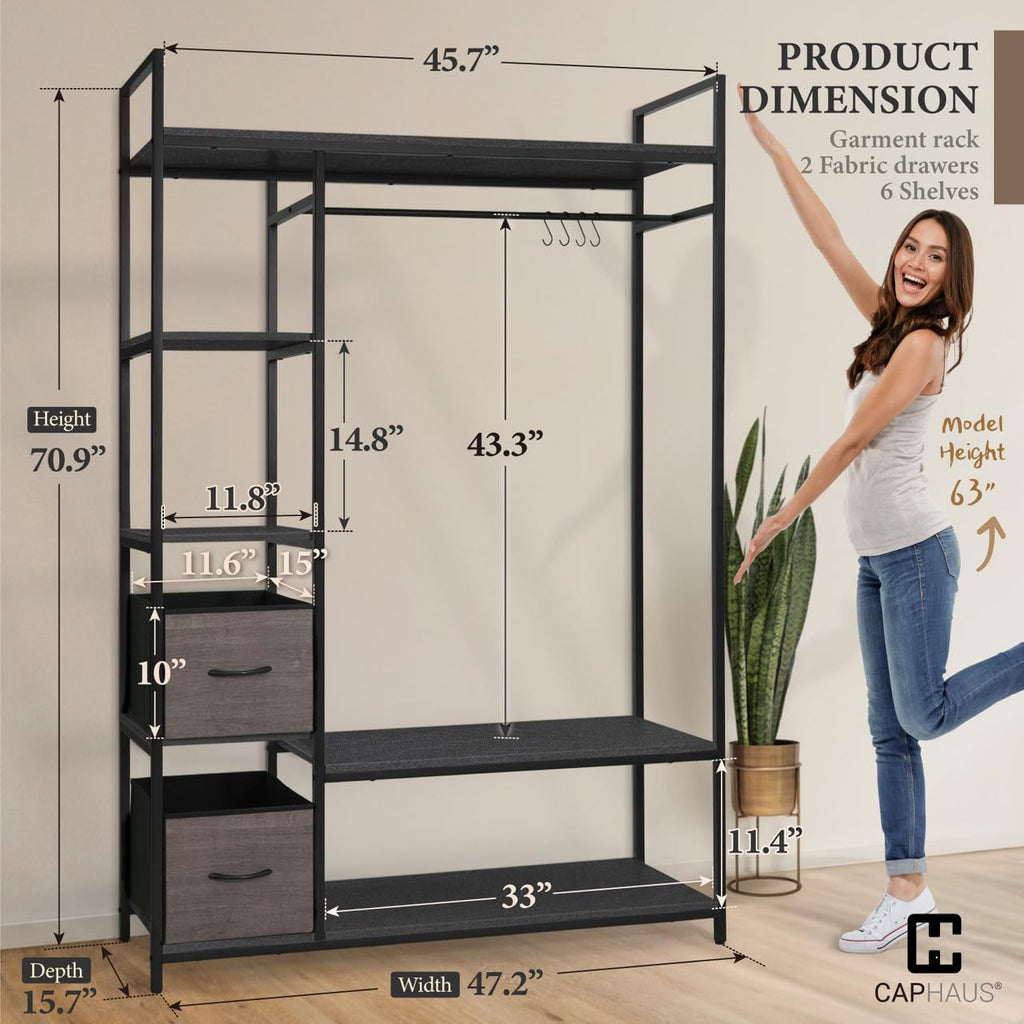 Fencer Wire Heavy Duty 979lbs Freestanding Closet Organizer w/Hanging Rods & Fabric Drawers, Garment Rack, Metal Clothes Rack w/Wood Shelves, Freestanding Closet Wardrobe, Black Vintage Board