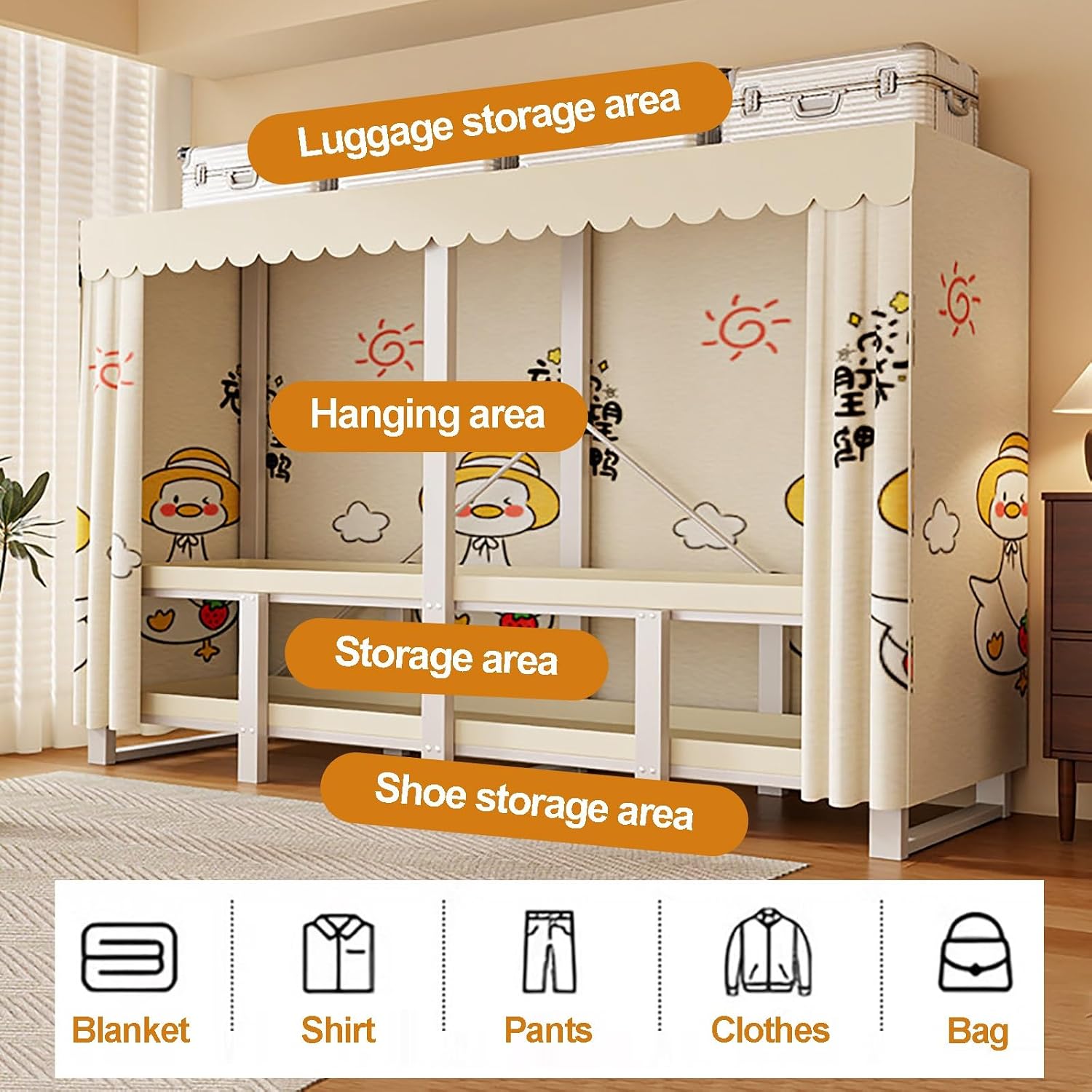 Foldable Wardrobe Closet With Cover, Heavy Duty Metal Clothes Rack For Hanging Clothes, Freestanding Coat Armoire Storage Garment Racks For Bedroom(A,170cm/66.9in)