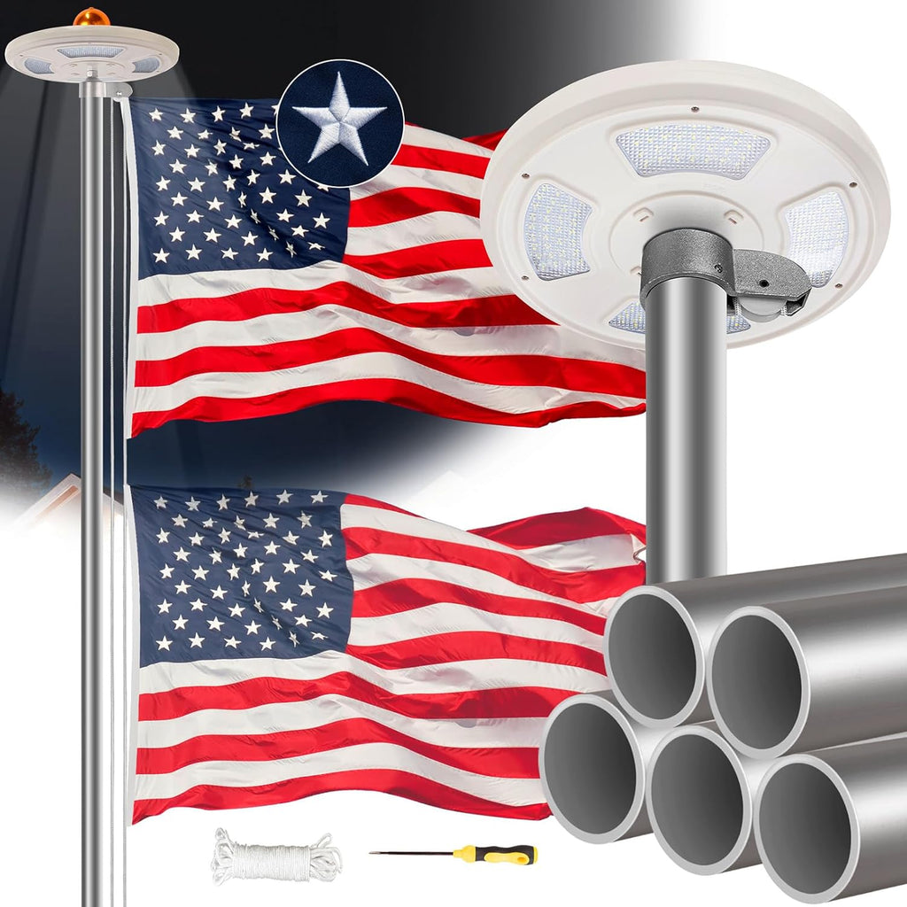 20FT Sliver Heavy Duty Flag Pole Kit with Solar Light & 3x5Ft American Flag | Wind resistant 12 gauge aluminum flies no tangle 3x5 US flag, with 128 LED solar light for 10H continuous shining