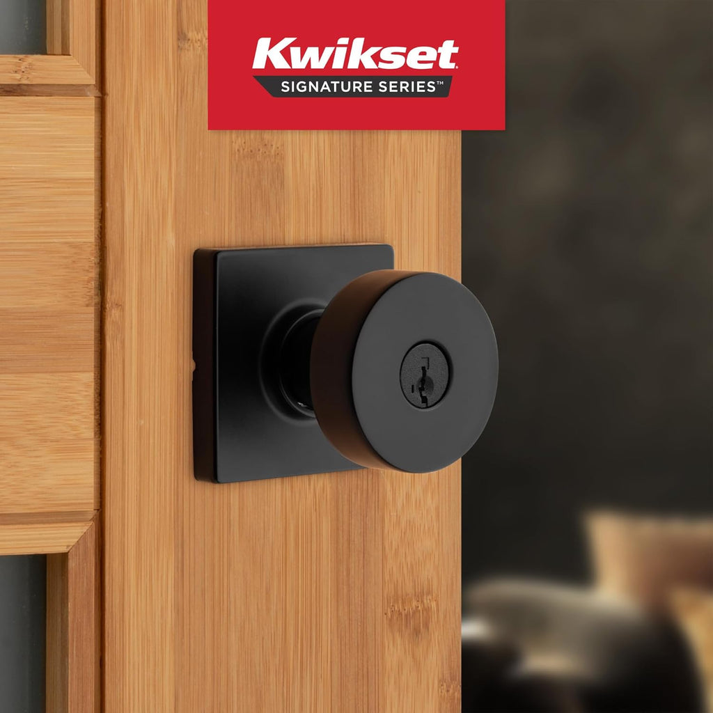 Kwikset Matte Black Keyed Entry Door Knob | SmartKey Security | Square Rose | Microban Protection | For Exterior Doors | Pack of 12