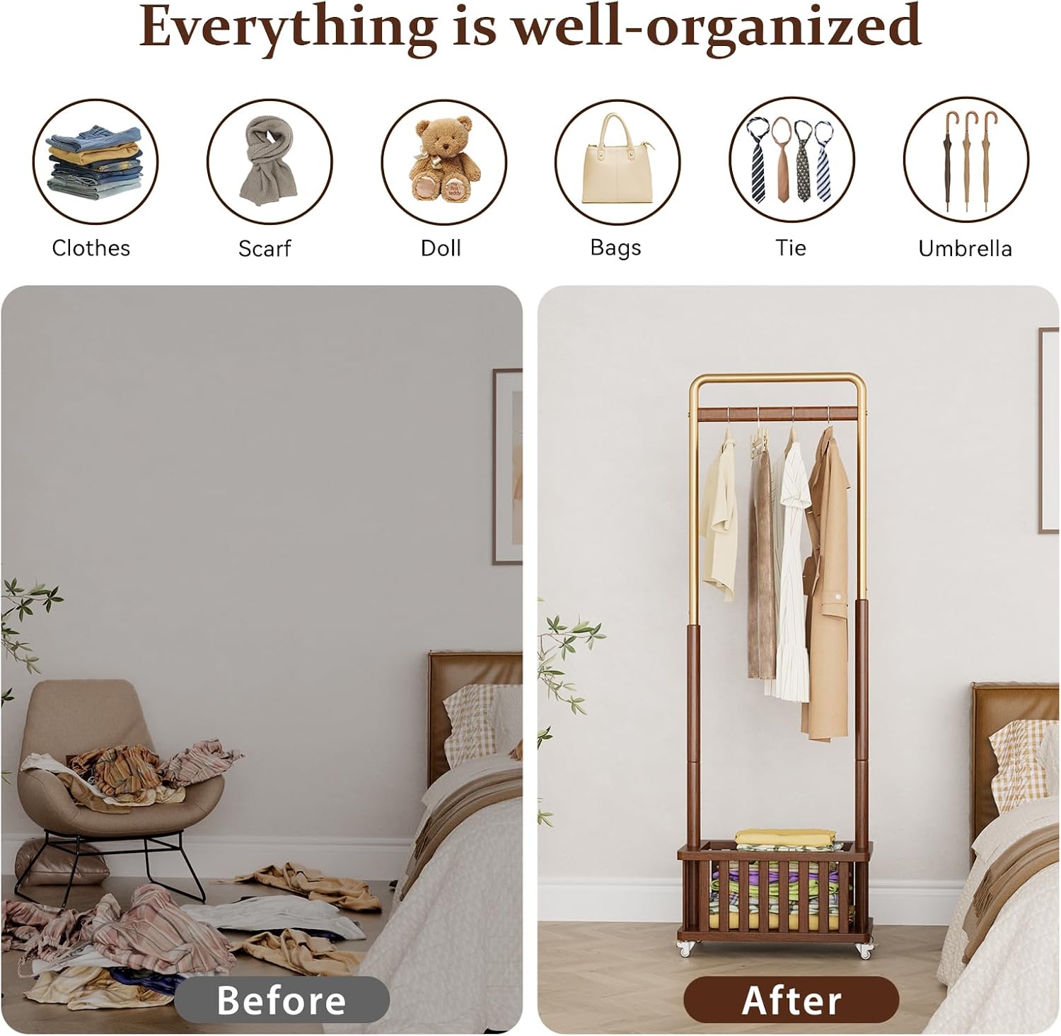 Taitiy Clothes Rack Solid Wood Coat Rack, Metal and Solid Wood Combination Clothing Rack with Wheels for Entryway, Bedroom, Living Room, Coat Racks Freestanding for Hanging Clothes Garment Scarf