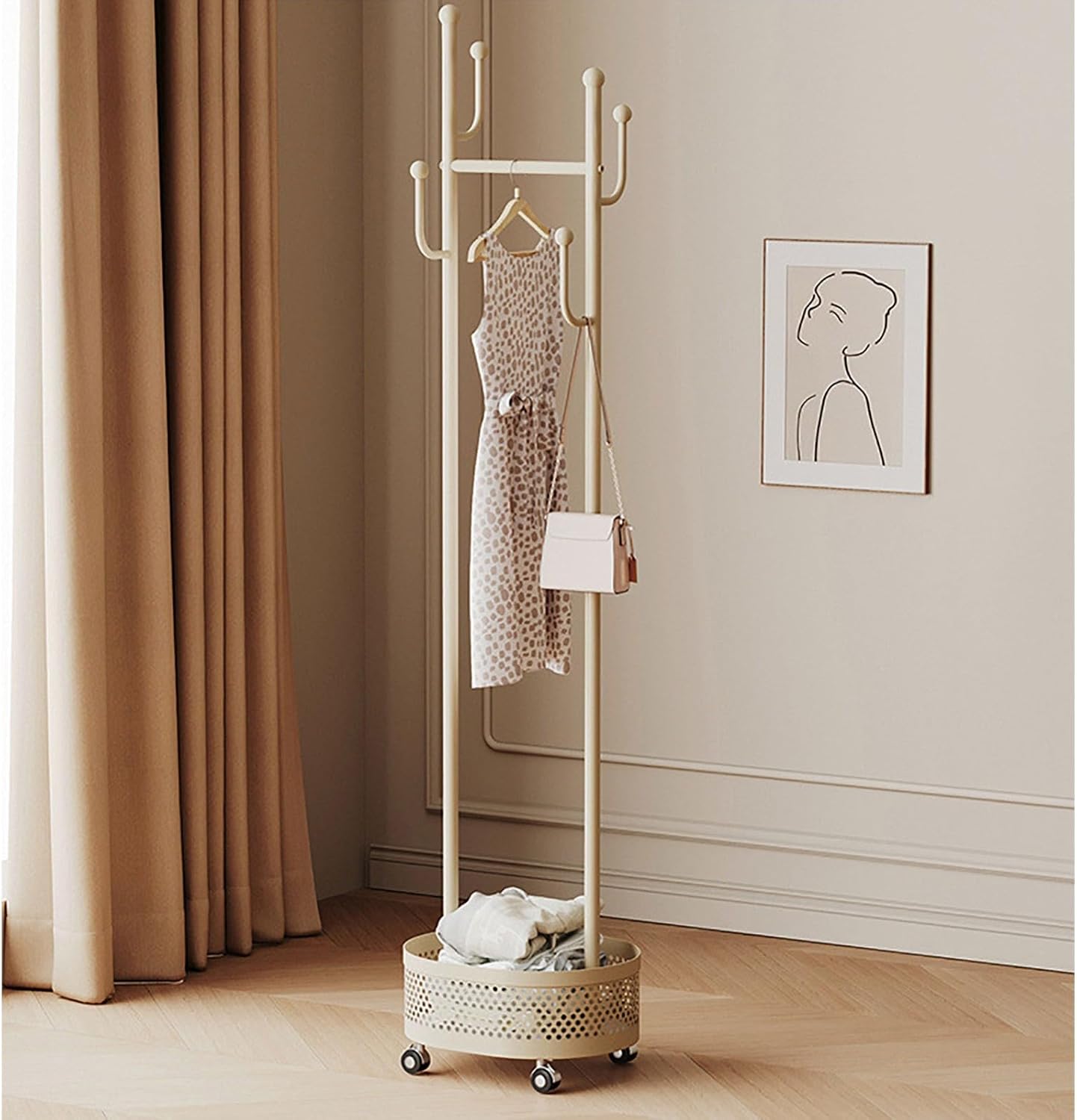 Heavy-Duty Clothing Racks Rolling Rack with Wheels Modern Metal Coat Stand with Storage Basket Moveable Garment Rack for Hanging Clothes Bedrooms Boutiques(white)