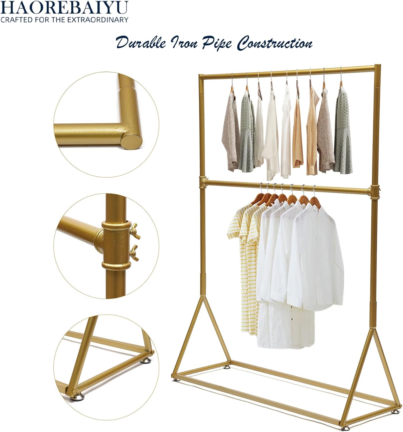 2-Tier Industrial Vintage Gold Clothes Rack, Freestanding Garment Rack with 2 Shelves, Heavy Duty Clothing Display Stand for Living Room, Bedroom, Entryway, Clothing Store (47.2x15.7x62.9 inch)